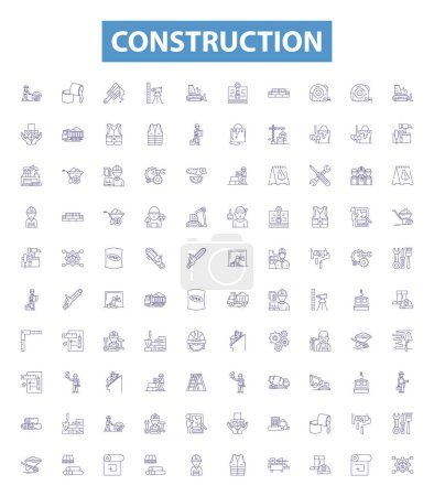 Illustration for Construction line icons, signs set. Collection of Build, Construct, Constructing, Erect, Fabricate, Framework, Architecture, Structure, Constructible outline vector illustrations. - Royalty Free Image