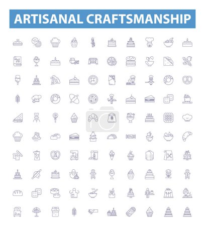 Illustration for Artisanal craftsmanship line icons, signs set. Collection of Handmade, Craftsman, Artisan, Skilled, Traditional, Creative, Quality, Meticulous, Unique outline vector illustrations. - Royalty Free Image