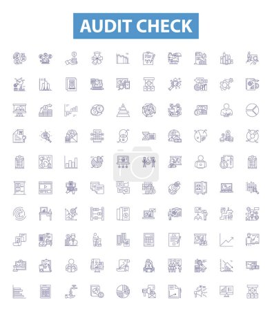 Illustration for Audit check line icons, signs set. Collection of Inspection, Assessing, Verifying, Evaluation, Examining, Monitoring, Scrutiny, Checking, Testing outline vector illustrations. - Royalty Free Image
