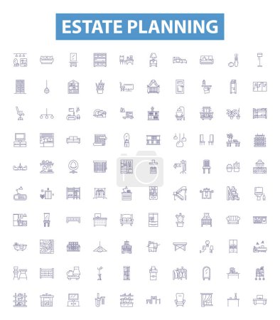 Illustration for Estate planning line icons, signs set. Collection of Wills, Trusts, Taxation, Probate, Heirs, Inheritance, Estate, Guardianship, Beneficiary outline vector illustrations. - Royalty Free Image