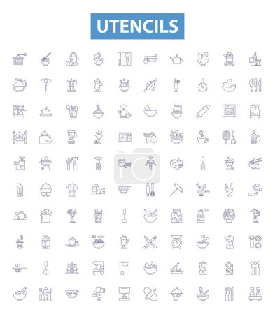 Illustration for Utencils line icons, signs set. Collection of Utensils, cutlery, dishes, pots, pans, knives, forks, spoons, ladles outline vector illustrations. - Royalty Free Image