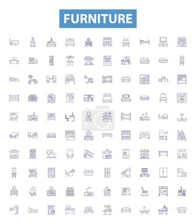 Illustration for Furniture line icons, signs set. Collection of Chair, Table, Desk, Couch, Sofa, Bed, Unit, Ottoman, Drawer outline vector illustrations. - Royalty Free Image