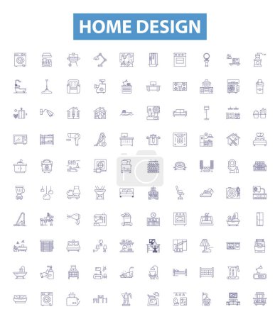 Illustration for Home design line icons, signs set. Collection of Interiors, Decor, Architecture, Furniture, Style, Color, Planning, Spaces, Kitchens outline vector illustrations. - Royalty Free Image