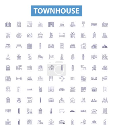 Illustration for Townhouse line icons, signs set. Collection of Townhome, Townhouse, Rowhouse, Villa, Cottage, Bungalow, Duplex, Condo, Residence outline vector illustrations. - Royalty Free Image