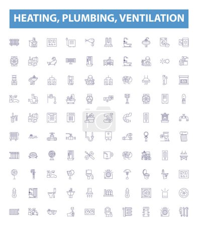 Heating, plumbing, ventilation line icons, signs set. Collection of heating, plumbing, ventilation, HVAC, system, installation, maintenance, repair, replacement outline vector illustrations.