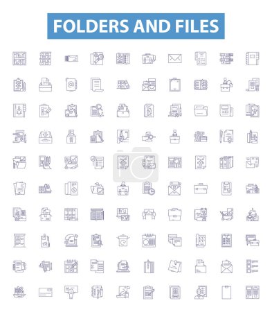 Illustration for Folders and files line icons, signs set. Collection of folders, files, organization, storage, backup, archive, retrieval, sharing, collaboration outline vector illustrations. - Royalty Free Image