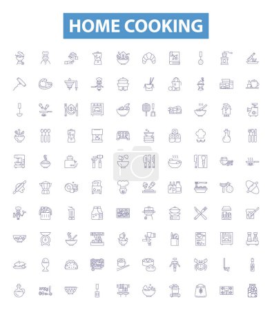 Illustration for Home cooking line icons, signs set. Collection of Homemade, Cuisine, Kitchen, Cooking, Comfort, Meals, Preparing, Fresh, Recipe outline vector illustrations. - Royalty Free Image