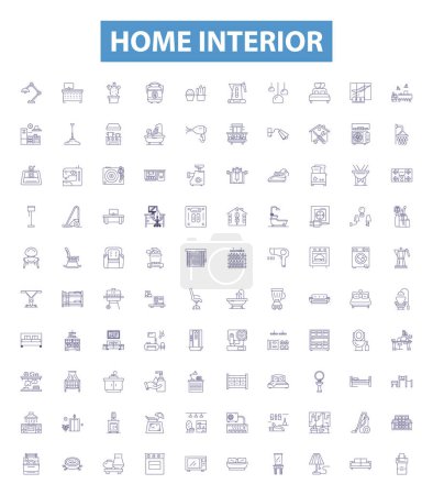 Illustration for Home interior line icons, signs set. Collection of Decor, Furnishings, Design, Lighting, Renovation, Wallpaper, Carpet, Flooring, Paint outline vector illustrations. - Royalty Free Image