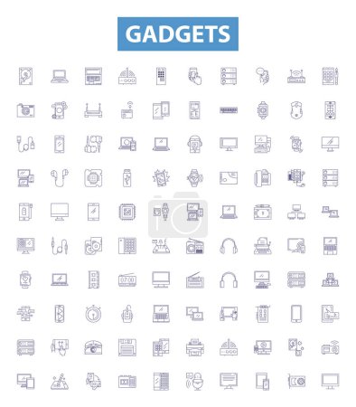 Illustration for Gadgets line icons, signs set. Collection of devices, electronics, appliances, tools, technology, toys, iPhones, computers, tablets outline vector illustrations. - Royalty Free Image