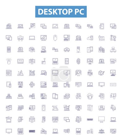 Illustration for Desktop pc line icons, signs set. Collection of Computer, Desktop, PC, Desktop PC, Workstation, Tower, Monitor, Mouse, Keyboard outline vector illustrations. - Royalty Free Image