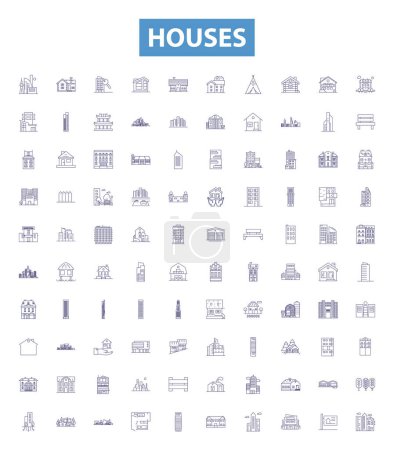 Illustration for Houses line icons, signs set. Collection of Home, Abode, Mansion, Residence, Cottage, Hut, Dwelling, Lodge, Condo outline vector illustrations. - Royalty Free Image