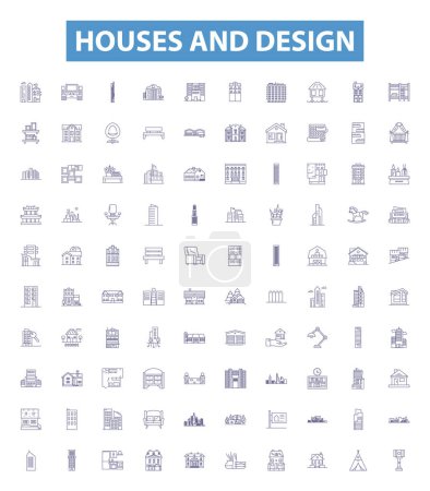 Illustration for Houses and design line icons, signs set. Collection of Architecture, Structures, Interiors, Planning, Estates, Dwellings, Plans, Style, Facade outline vector illustrations. - Royalty Free Image