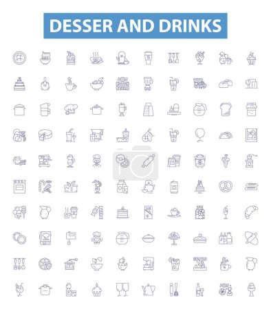 Illustration for Desser and drinks line icons, signs set. Collection of Dessert, Drinks, Cocktail, Sherbet, Cake, Frappe, Smoothie, Sorbet, Soda outline vector illustrations. - Royalty Free Image