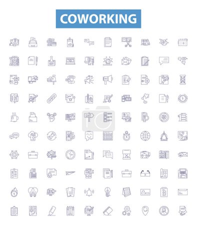 Illustration for Coworking line icons, signs set. Collection of Sharing, Networking, Office, Collaboration, Community, Rugged, Hot desking, Connecting, outline vector illustrations. - Royalty Free Image