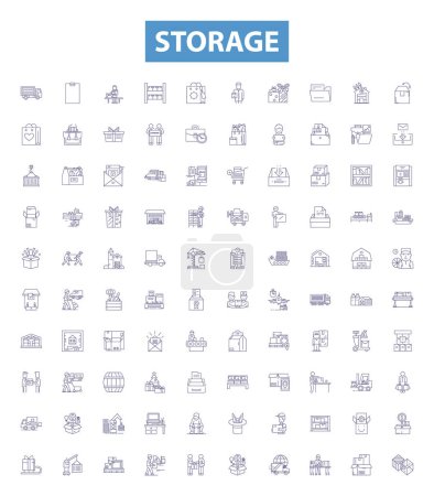 Illustration for Storage line icons, signs set. Collection of Storage, preservation, stocking, stockpiling, keeping, cache, collection, containment, accumulation outline vector illustrations. - Royalty Free Image