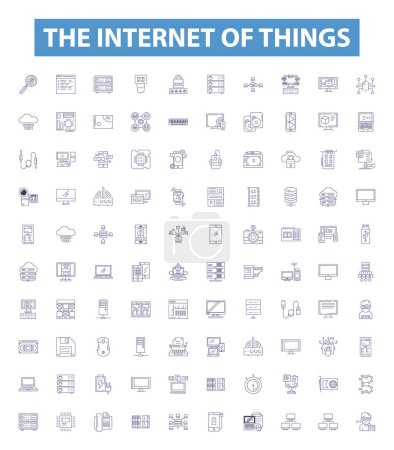 Illustration for The internet of things line icons, signs set. Collection of IoT, Sensors, Connectivity, Automation, Wireless, BigData, Smartphones, Devices, Networking outline vector illustrations. - Royalty Free Image