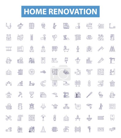 Illustration for Home renovation line icons, signs set. Collection of Renovate, Remodel, Redecorate, Repair, Update, Decorate, Paint, Install, Refurbish outline vector illustrations. - Royalty Free Image