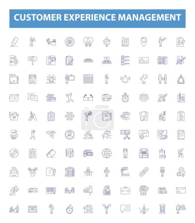 Ilustración de Iconos de línea de gestión de experiencia del cliente, signos establecidos. Recogida de clientes, Experiencia, Gestión, Mejora, Compromiso, Comentarios, Datos, Procesos, Ilustraciones de vectores de esquema de estrategia. - Imagen libre de derechos