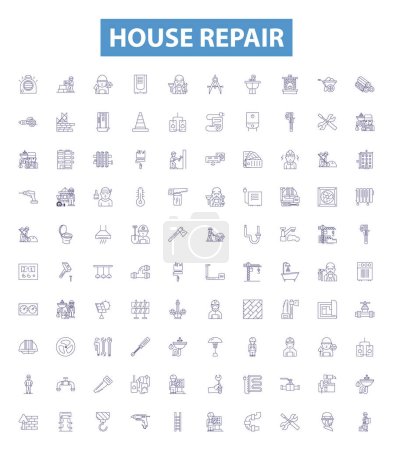 House repair line icons, signs set. Collection of Housekeeping, Plumbing, Painting, Tiling, Carpentry, Roofing, Caulking, Insulation, Sweeping outline vector illustrations.