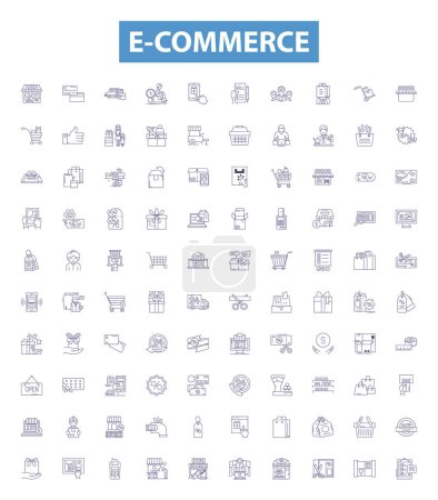 E-Commerce-Linie Symbole, Zeichen gesetzt. Onlinesammlung, Einkaufen, Dienstleistungen, Einzelhandel, Transaktionen, Digital, Produkte, Shop Outline Vektor Illustrationen.