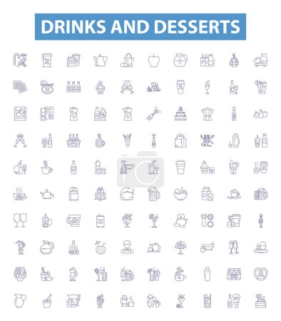 Illustration for Drinks and desserts line icons, signs set. Collection of Cocktails, Beverages, Juices, Smoothies, Beer, Wine, Soup, Pasta, Pizza outline vector illustrations. - Royalty Free Image