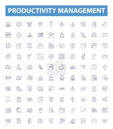 Illustration for Productivity management line icons, signs set. Collection of Timekeeping, Efficiency, Prioritizing, Organizing, Targeting, Scheduling, Tracking, Measuring, Self discipline outline vector illustrations - Royalty Free Image