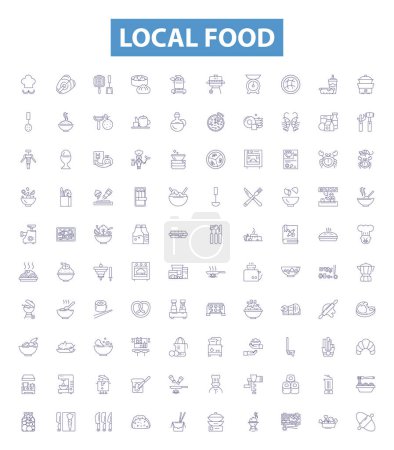 Illustration for Local food line icons, signs set. Collection of Cuisine, Region, Fresh, Traditional, Produce, Suppliers, Farms, Eateries, Specialties outline vector illustrations. - Royalty Free Image