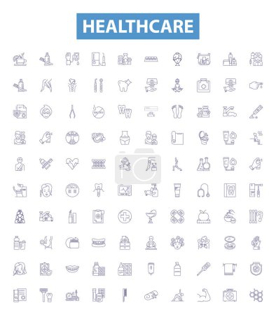 Illustration for Healthcare line icons, signs set. Collection of Care, Healthcare, Medicine, Treatment, Wellness, Diagnosis, Mental, Health, Prevention outline vector illustrations. - Royalty Free Image