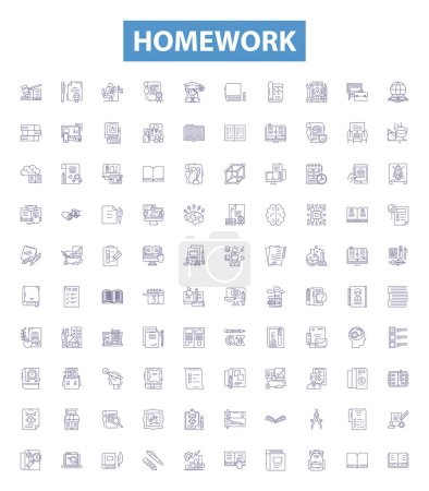 Illustration for Homework line icons, signs set. Collection of Studies, Assignments, Exercises, Tasks, Projects, Drills, Quizzes, Requirements, Exams outline vector illustrations. - Royalty Free Image
