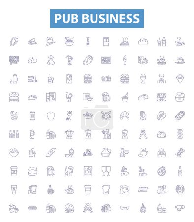 Illustration for Pub business line icons, signs set. Collection of Pub, Business, Bar, Alcohol, Brewery, Bottles, Menu, Drinks, Taproom outline vector illustrations. - Royalty Free Image