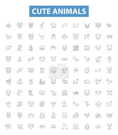 Illustration for Cute animals line icons, signs set. Collection of Furry, Kittens, Pups, Fluffy, Puppy, Cuddly, Bear, Bunny, Adorable outline vector illustrations. - Royalty Free Image