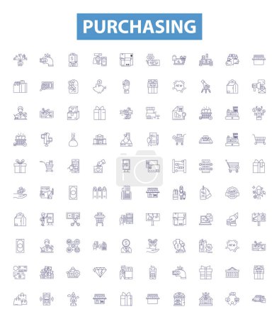 Illustration for Purchasing line icons, signs set. Collection of Buy, Acquire, Obtain, Shop, Shop for, Invest in, Bargain, Finance, Haggle outline vector illustrations. - Royalty Free Image
