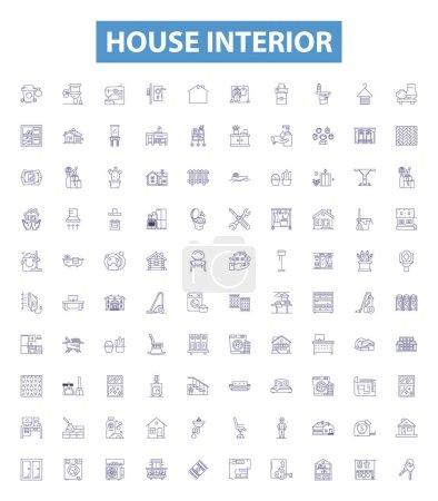 Illustration for House interior line icons, signs set. Collection of Furnishings, Decor, Walls, Lighting, Ceiling, Flooring, Carpeting, Window, Blinds outline vector illustrations. - Royalty Free Image
