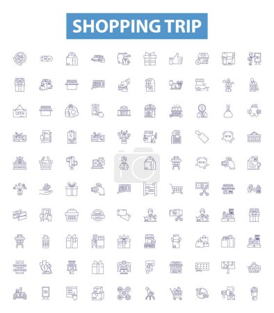 Illustration for Shopping trip line icons, signs set. Collection of Shopping, Trip, Store, Purchase, Outing, Buy, Item, Shop, Goods outline vector illustrations. - Royalty Free Image