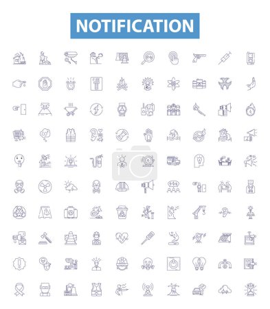 Illustration for Notification line icons, signs set. Collection of Alert, Reminder, Signal, Warning, Notice, Broadcast, Promotion, Report, Update outline vector illustrations. - Royalty Free Image