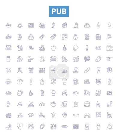 Illustration for Pub line icons, signs set. Collection of Bar, Alehouse, Tavern, Pubs, Brewery, Taproom, Public House, Watering Hole, Boozer outline vector illustrations. - Royalty Free Image