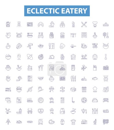 Illustration for Eclectic eatery line icons, signs set. Collection of Eclectic, Eatery, Restaurant, Cuisine, Food, Variety, Fusion, Homemade, International outline vector illustrations. - Royalty Free Image