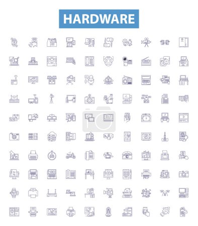 Illustration for Hardware line icons, signs set. Collection of Hardware, Components, Devices, CPUs, Motherboards, RAM, GPU, BIOS, PSU outline vector illustrations. - Royalty Free Image