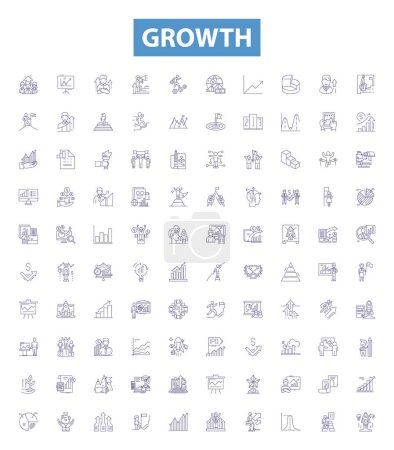 Illustration for Growth line icons, signs set. Collection of Expansion, Advancement, Rise, Increment, Heighten, Develop, Increase, Amplify, Improve outline vector illustrations. - Royalty Free Image