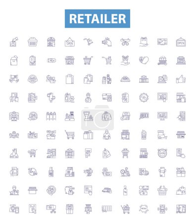 Retailer line icons, signs set. Collection of Merchant, Seller, Outlet, Dealer, Trader, Store, Shop, Boutique, Marketplace outline vector illustrations.