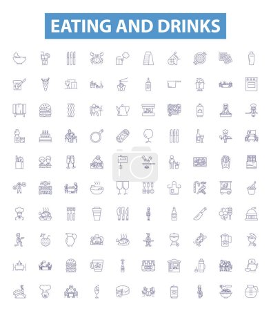 Illustration for Eating and drinks line icons, signs set. Collection of Eating, Drinks, Food, Beverage, Cuisine, Nourishment, Fare, Dining, Supper outline vector illustrations. - Royalty Free Image