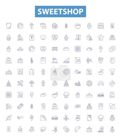 Illustration for Sweetshop line icons, signs set. Collection of Candy, Sweet, Confectionery, Chocolates, Toffee, Caramel, Gummies, Pralines, Pastries outline vector illustrations. - Royalty Free Image