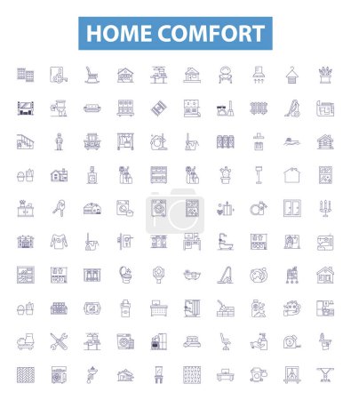 Illustration for Home comfort line icons, signs set. Collection of Homely, Cozy, Cosy, Relaxing, Comfy, Homey, Serene, Tranquil, Safe outline vector illustrations. - Royalty Free Image