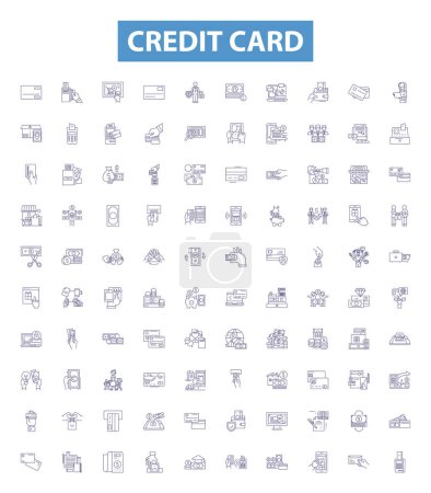 Illustration for Credit card line icons, signs set. Collection of Card, Credit, Debit, Bank, Plastic, Finance, PIN, Visa, Mastercard outline vector illustrations. - Royalty Free Image