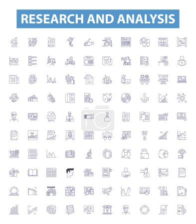 Research and analysis line icons, signs set. Collection of Research, Analysis, Evaluate, Assess, Compare, Examine, Determine, Investigate, Prove outline vector illustrations.