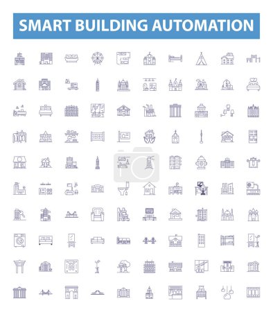 Smart building automation line icons, signs set. Collection of Smart, Building, Automation, IoT, Energy-efficiency, Voice-recognition, Sensors, Connectivity, AI outline vector illustrations.