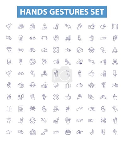 Téléchargez les illustrations : Les gestes des mains placent des icônes de ligne, des signes placent. Collection d'illustrations vectorielles gesticulées, ondulantes, pointues, saisissantes, saisissantes, signalétiques, florissantes, léchantes, à dénombrement des doigts. - en licence libre de droit