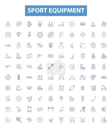 Sportausrüstung Linie Symbole, Zeichen gesetzt. Kollektion von Ausrüstung, Bälle, Schläger, Netze, Schuhe, Kopfbedeckungen, Helme, Polsterung, Trillerpfeifen umreißen Vektorillustrationen.