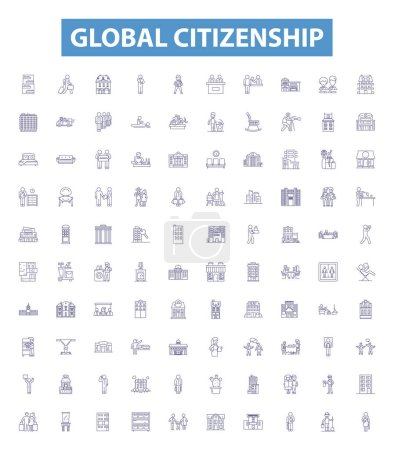 Illustration for Global citizenship line icons, signs set. Collection of International, Humanitarian, Diversity, Stewardship, Justice, Inclusion, Equality, Awareness, Coexistence outline vector illustrations. - Royalty Free Image