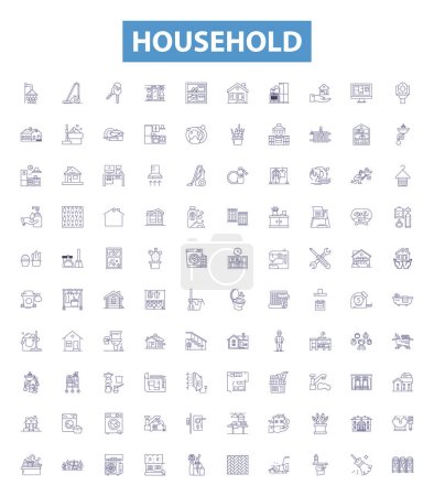 Household line icons, signs set. Collection of Home, Dwelling, Furniture, Appliances, Cleaning, Washing, Cooking, Decor, Supplies outline vector illustrations.